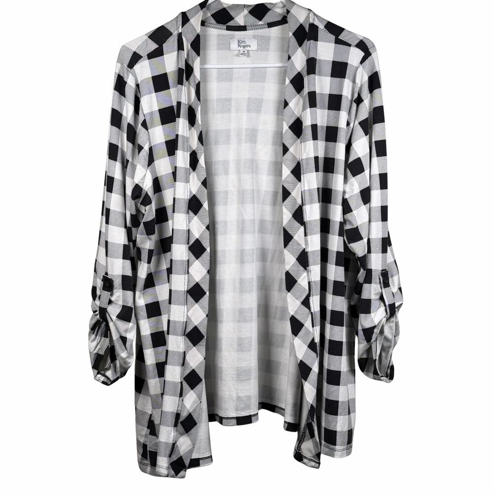 Kim Rogers Cardigan Women's Size 1X Black and White Buffalo Plaid Open Front